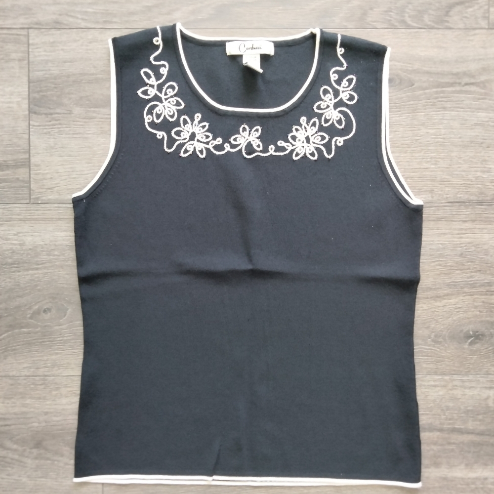 Carducci Womens Size M Black & White Knit Stretch Sleeveless Top Embroidered